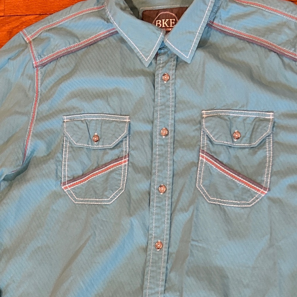 BKE Buckle Button Down Front Shirt Teal Blue White Mens XL Western Cowboy Rodeo - Picture 2 of 6